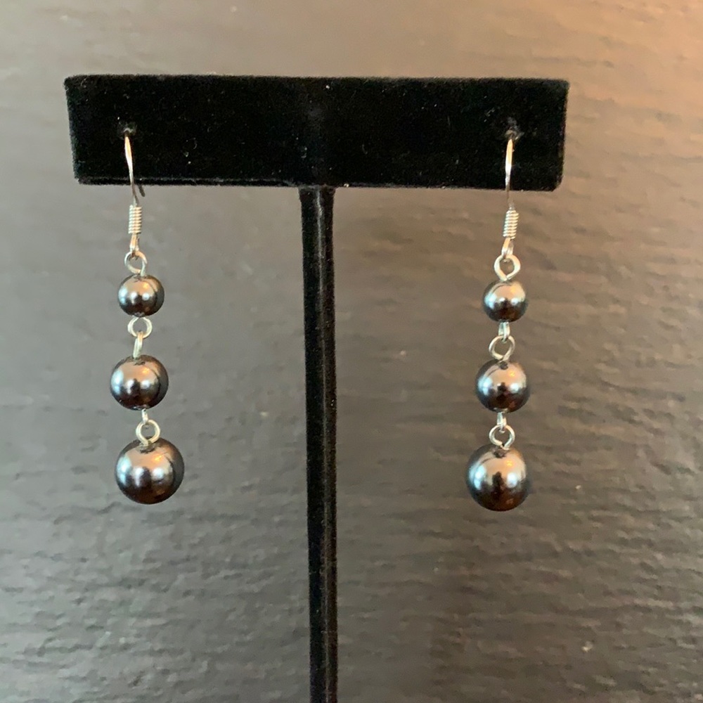 Dark grey and silver faux pearl dangle earrings